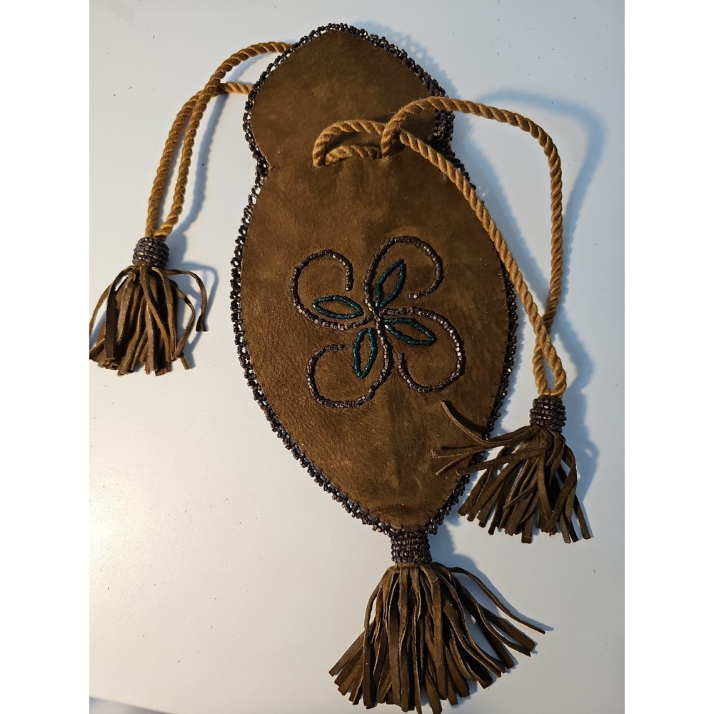 Brown Leather Beaded Native American Style Medicine Bag Pouch